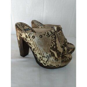 Stuart Weitzman Women Snake Print Slide Mule Heel Wood Metal Studs Spain Sz 6.5